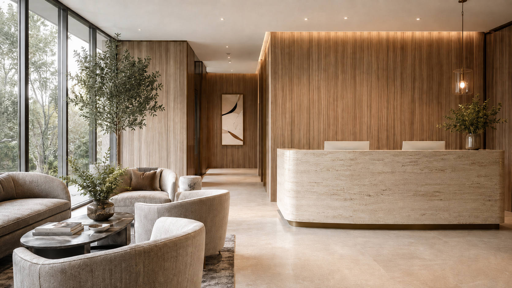 Interior of a modern clinic with a wood and stone reception desk